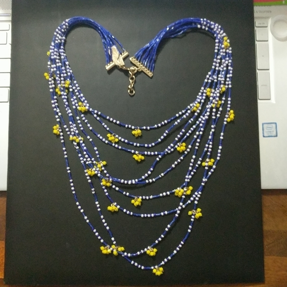 Vineyard Vines Blue Yellow White Multi Strand Cluster Bead Statement Necklace